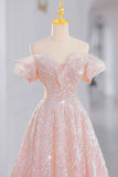 Tineit Elegant A line Off The Shoulder Sequin Pink Evening Dress Long Prom Dresses (PRE-ORDER)