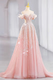 Tineit Elegant A line Off The Shoulder Sequin Pink Evening Dress Long Prom Dresses (PRE-ORDER)