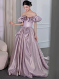 Tineit Elegant Ball Gown Off The Shoulder Lilac Short Sleeves Evening Dress Long Prom Dresses (PRE-ORDER)