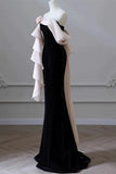 Tineit Elegant Mermaid Strapless Black Velvet Flowers Ruffles Prom Dresses Party Dresses (PRE-ORDER)