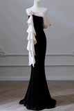 Tineit Elegant Mermaid Strapless Black Velvet Flowers Ruffles Prom Dresses Party Dresses (PRE-ORDER)