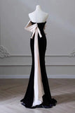 Tineit Elegant Mermaid Strapless Black Velvet Flowers Ruffles Prom Dresses Party Dresses (PRE-ORDER)