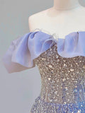 Tineit Elegant Ball Gown Off The Shoulder Lilac Short Sleeves Sequin Evening Dress Long Prom Dresses (PRE-ORDER)