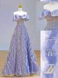 Tineit Elegant Ball Gown Off The Shoulder Lilac Short Sleeves Sequin Evening Dress Long Prom Dresses (PRE-ORDER)