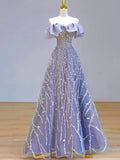 Tineit Elegant Ball Gown Off The Shoulder Lilac Short Sleeves Sequin Evening Dress Long Prom Dresses (PRE-ORDER)