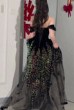 Tineit Elegant Ball Gown Off The Shoulder Black Short Sleeves Sequin Evening Dress Long Prom Dresses (PRE-ORDER)