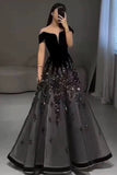 Tineit Elegant Ball Gown Off The Shoulder Black Short Sleeves Sequin Evening Dress Long Prom Dresses (PRE-ORDER)