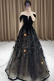 Tineit Elegant Ball Gown Off The Shoulder Black Short Sleeves Sequin Evening Dress Long Prom Dresses (PRE-ORDER)