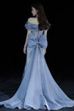 Tineit Elegant Mermaid Off The Shoulder Blue Short Sleeves Sequin Evening Dress Long Prom Dresses (PRE-ORDER)