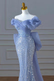 Tineit Elegant Mermaid Off The Shoulder Blue Short Sleeves Sequin Evening Dress Long Prom Dresses (PRE-ORDER)