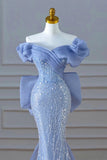 Tineit Elegant Mermaid Off The Shoulder Blue Short Sleeves Sequin Evening Dress Long Prom Dresses (PRE-ORDER)