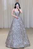 Tineit Gorgeous Ball Gown Straps Sequin Silver Long Evening Dress Prom Dresses Birthday Outfits (PRE-ORDER)