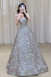 Tineit Gorgeous Ball Gown Straps Sequin Silver Long Evening Dress Prom Dresses Birthday Outfits (PRE-ORDER)