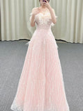 Tineit Gorgeous A Line Off The Shoulder Sequin Pink Long Evening Dress Prom Dresses Birthday Outfits (PRE-ORDER)