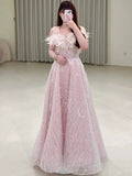 Tineit Gorgeous A Line Off The Shoulder Sequin Pink Long Evening Dress Prom Dresses Birthday Outfits (PRE-ORDER)