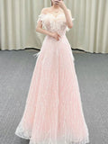 Tineit Gorgeous A Line Off The Shoulder Sequin Pink Long Evening Dress Prom Dresses Birthday Outfits (PRE-ORDER)