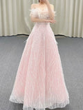 Tineit Gorgeous A Line Off The Shoulder Sequin Pink Long Evening Dress Prom Dresses Birthday Outfits (PRE-ORDER)