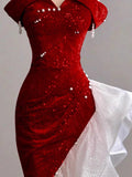 Tineit Gorgeous Sheath Off The Shoulder Sequin Red Evening Dress Prom Dresses Birthday Outfits (PRE-ORDER)