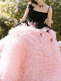 Tineit Pretty Ball Gown Straps Tulle Layers Long Pink Ruffles Prom Dresses Sweet  Dresses (PRE-ORDER)