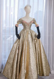 Tineit Pretty Ball Gown Off The Shoulder Gold Satin Long Ruffles Prom Dresses Sweet  Dresses (PRE-ORDER)