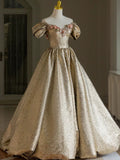 Tineit Pretty Ball Gown Off The Shoulder Gold Satin Long Ruffles Prom Dresses Sweet  Dresses (PRE-ORDER)