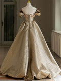 Tineit Pretty Ball Gown Off The Shoulder Gold Satin Long Ruffles Prom Dresses Sweet  Dresses (PRE-ORDER)