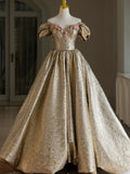 Tineit Pretty Ball Gown Off The Shoulder Gold Satin Long Ruffles Prom Dresses Sweet  Dresses (PRE-ORDER)