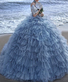 Tineit Pretty Ball Gown High Neckline Tulle Layers Long Blue Ruffles Prom Dresses Sweet  Dresses (PRE-ORDER)