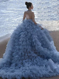 Tineit Pretty Ball Gown High Neckline Tulle Layers Long Blue Ruffles Prom Dresses Sweet  Dresses (PRE-ORDER)