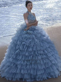 Tineit Pretty Ball Gown High Neckline Tulle Layers Long Blue Ruffles Prom Dresses Sweet  Dresses (PRE-ORDER)