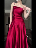 Tineit Pretty A Line Spaghetti Straps Red Satin Long Floor Length Prom Dresses (PRE-ORDER)