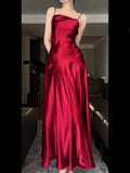 Tineit Pretty A Line Spaghetti Straps Red Satin Long Floor Length Prom Dresses (PRE-ORDER)