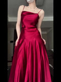 Tineit Pretty A Line Spaghetti Straps Red Satin Long Floor Length Prom Dresses (PRE-ORDER)