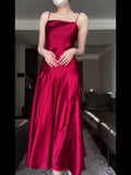 Tineit Pretty A Line Spaghetti Straps Red Satin Long Floor Length Prom Dresses (PRE-ORDER)