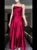 Tineit Pretty A Line Spaghetti Straps Red Satin Long Floor Length Prom Dresses (PRE-ORDER)