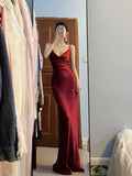 Tineit Pretty Mermaid Spaghetti Straps Burgundy Satin Long Floor Length Prom Dresses (PRE-ORDER)