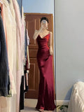 Tineit Pretty Mermaid Spaghetti Straps Burgundy Satin Long Floor Length Prom Dresses (PRE-ORDER)