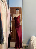 Tineit Pretty Mermaid Spaghetti Straps Burgundy Satin Long Floor Length Prom Dresses (PRE-ORDER)