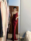 Tineit Pretty Mermaid Spaghetti Straps Burgundy Satin Long Floor Length Prom Dresses (PRE-ORDER)