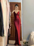 Tineit Pretty Mermaid Spaghetti Straps Burgundy Satin Long Floor Length Prom Dresses (PRE-ORDER)