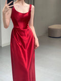 Tineit Pretty A line Straps Red Satin Long Floor Length Prom Dresses (PRE-ORDER)