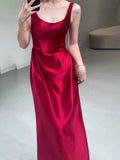 Tineit Pretty A line Straps Red Satin Long Floor Length Prom Dresses (PRE-ORDER)