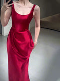 Tineit Pretty A line Straps Red Satin Long Floor Length Prom Dresses (PRE-ORDER)