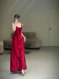 Tineit Pretty A line Straps Red Satin Long Floor Length Prom Dresses (PRE-ORDER)