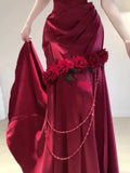 Tineit Vintage Mermaid One Shoulder Burgundy Satin Long Floor Length Prom Dresses (PRE-ORDER)