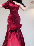 Tineit Vintage Mermaid One Shoulder Burgundy Satin Long Floor Length Prom Dresses (PRE-ORDER)