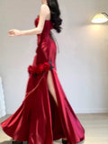 Tineit Vintage Mermaid One Shoulder Burgundy Satin Long Floor Length Prom Dresses (PRE-ORDER)