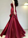 Tineit Vintage Mermaid One Shoulder Burgundy Satin Long Floor Length Prom Dresses (PRE-ORDER)