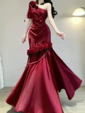 Tineit Vintage Mermaid One Shoulder Burgundy Satin Long Floor Length Prom Dresses (PRE-ORDER)