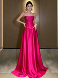 Tineit Gorgeous A line Spaghetti Straps Hot Pink Long Evening Dress Prom Dresses Birthday Outfits (PRE-ORDER)